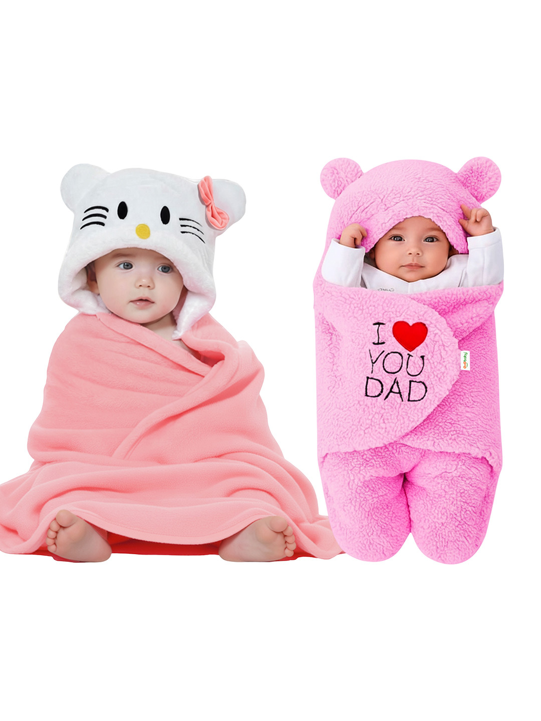 OyO Baby Pink & White Pack of 2 Kitty and I love U Dad Fleece Baby Blankets