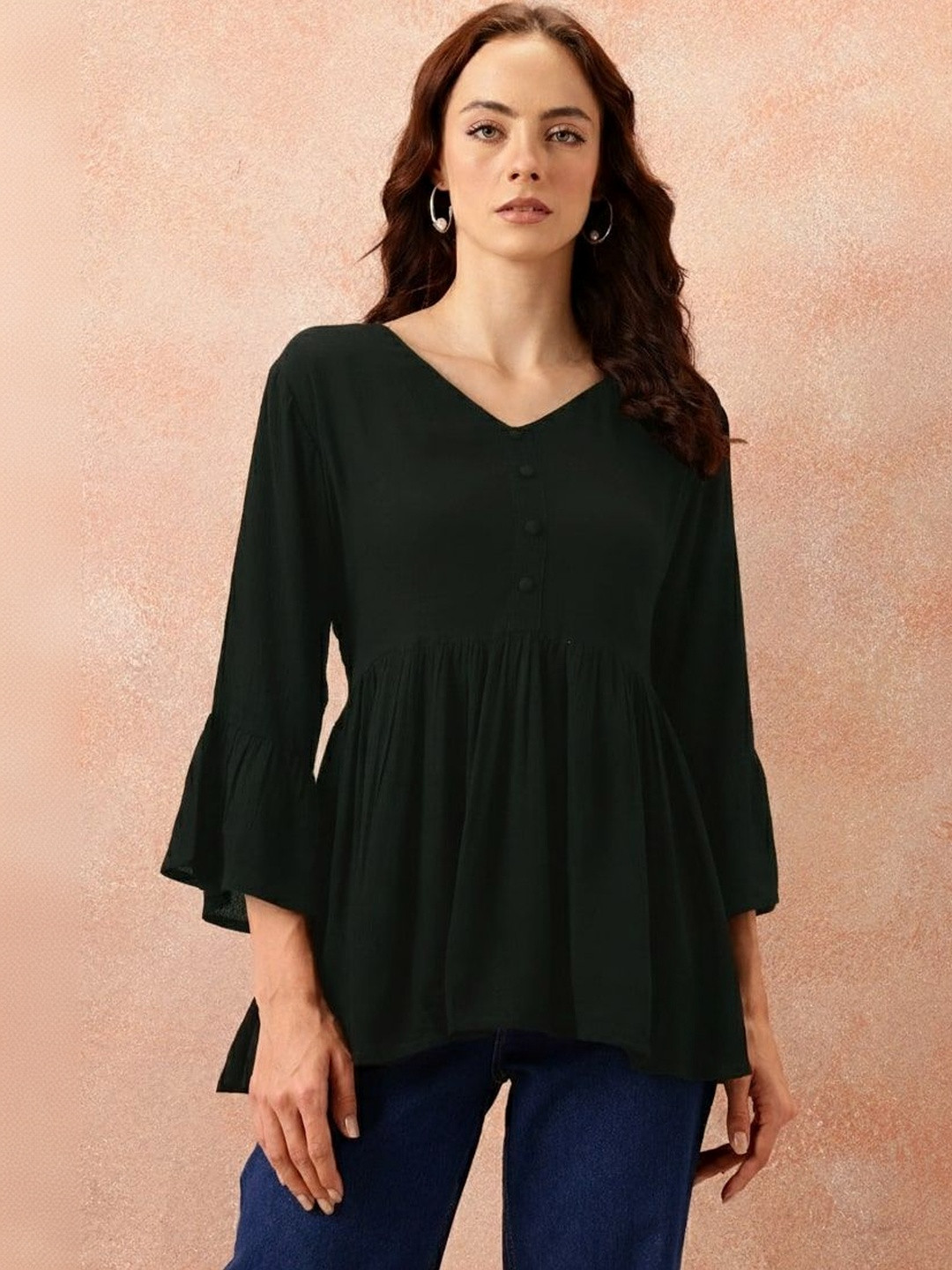 SIDDHANAM Bell Sleeve Fringed Cotton Shirt Style Longline Top