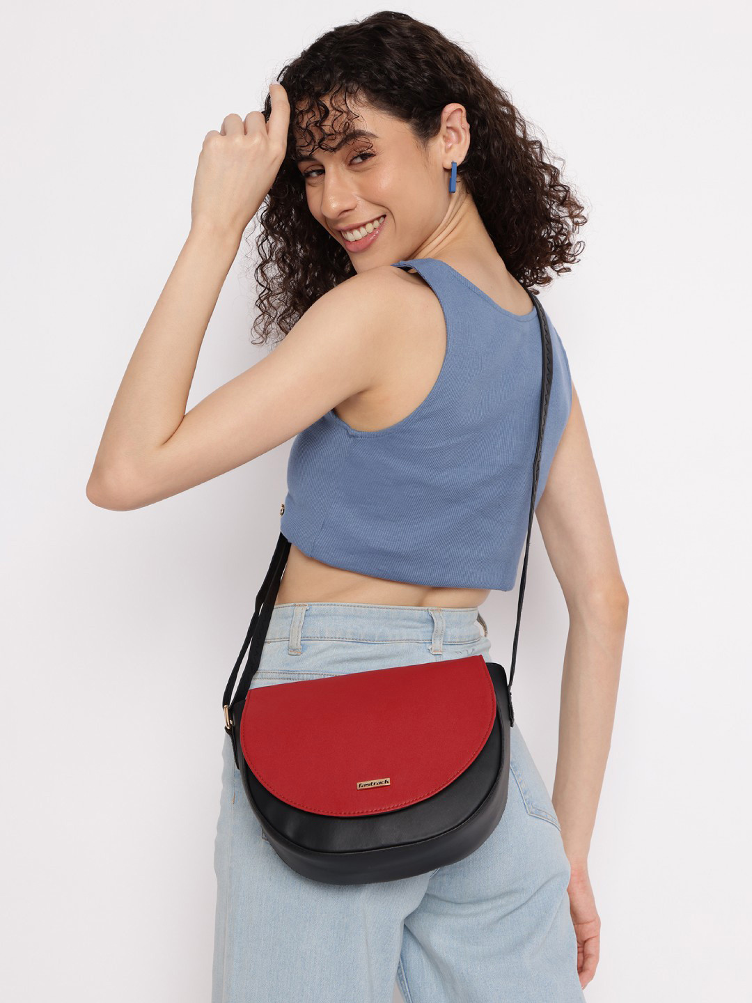 Fastrack Red Colourblocked PU Half Moon Sling Bag