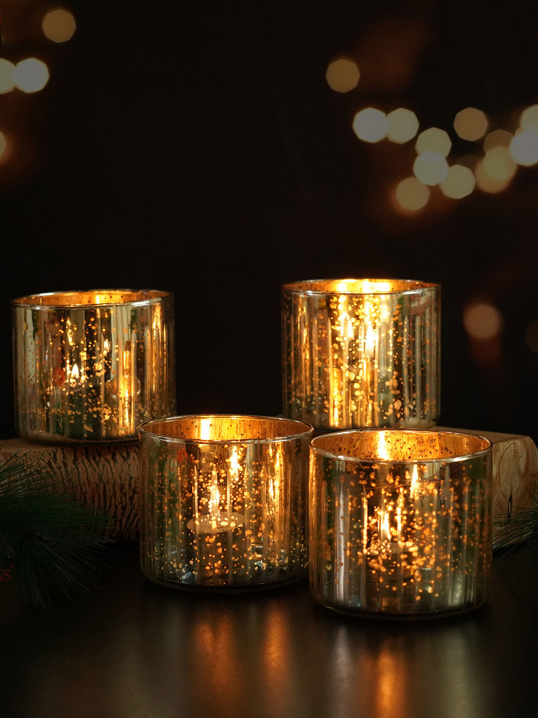 TIED RIBBONS Set Of 4 Silver-Coloured Mercury Silver Glass Votives Tealight Candle Holders