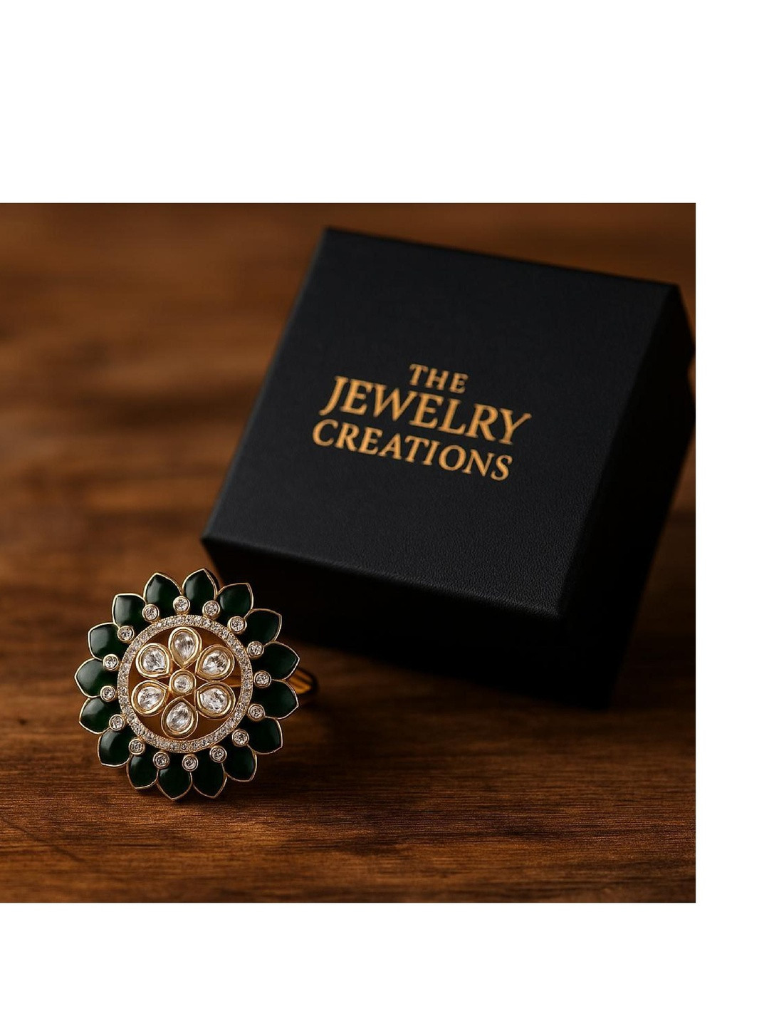 TJC Gold-Plated Cubic Zirconia Studded & Beaded Adjustable Adjustable Bridal Finger Ring