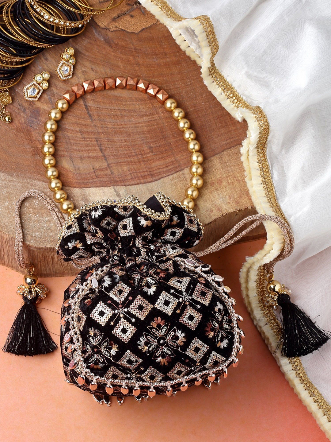 Anouk Harlequin Embroidered Tasselled Mirror Work Potli