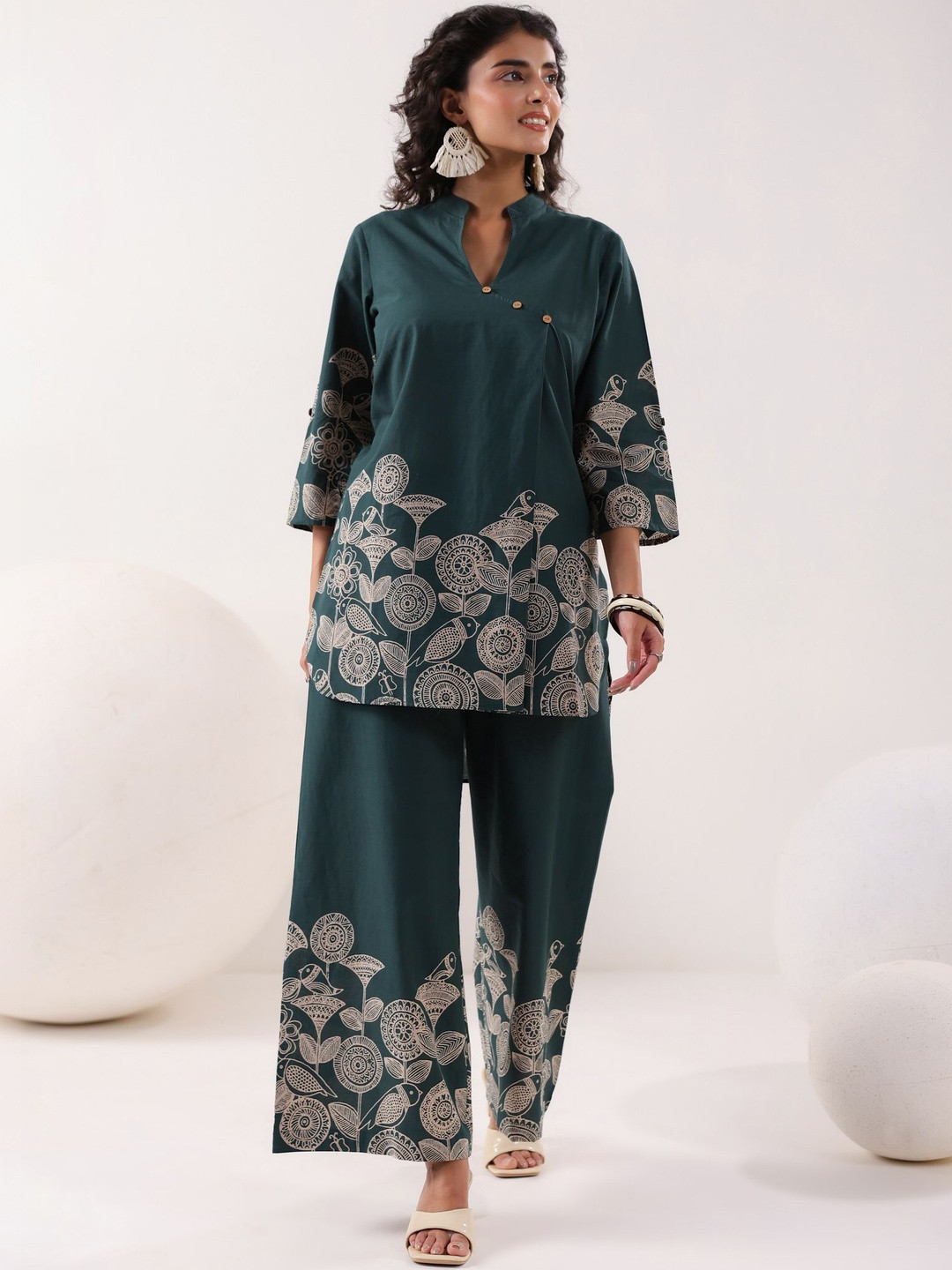 Kirrin Printed Cotton Mandarin Collar Neck Tunic With Trousers Co-Ords