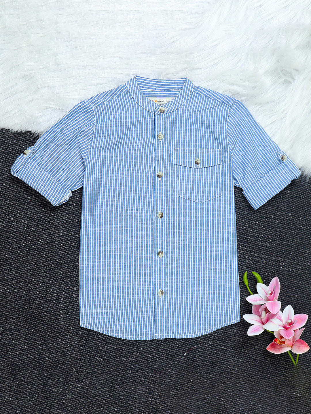 The Lion and The Fish Boys Comfort Band Collar Bengal Striped Cotton Casual Shirt