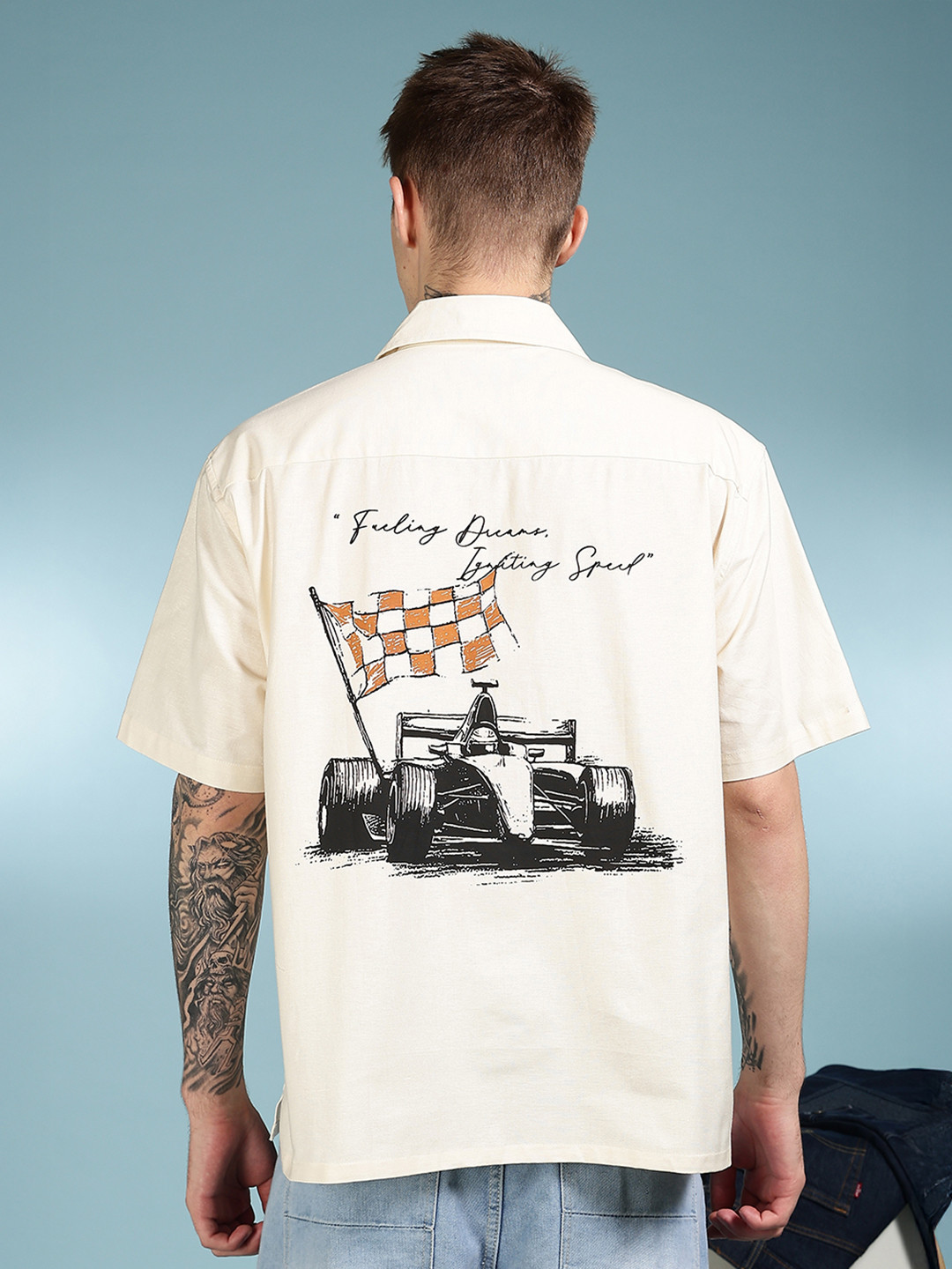 Eszett Finishing Line Printed Spread Collar Oversized Linen Shirt