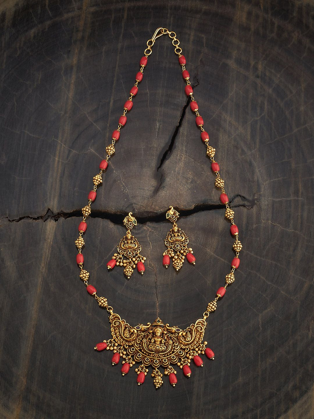 Kushal's Fashion Jewellery RBY GRN CRL Gold-Plated Ethnic Antique Jewellery Set