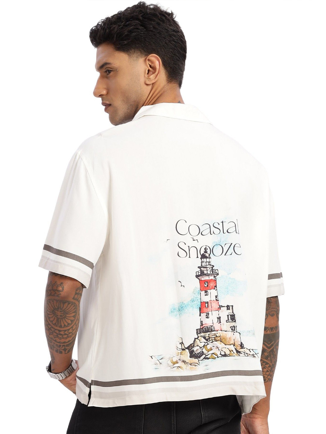 Eszett Snooze Boxy Oversized Graphic Printed Cuban Collar Pure Cotton Shirt