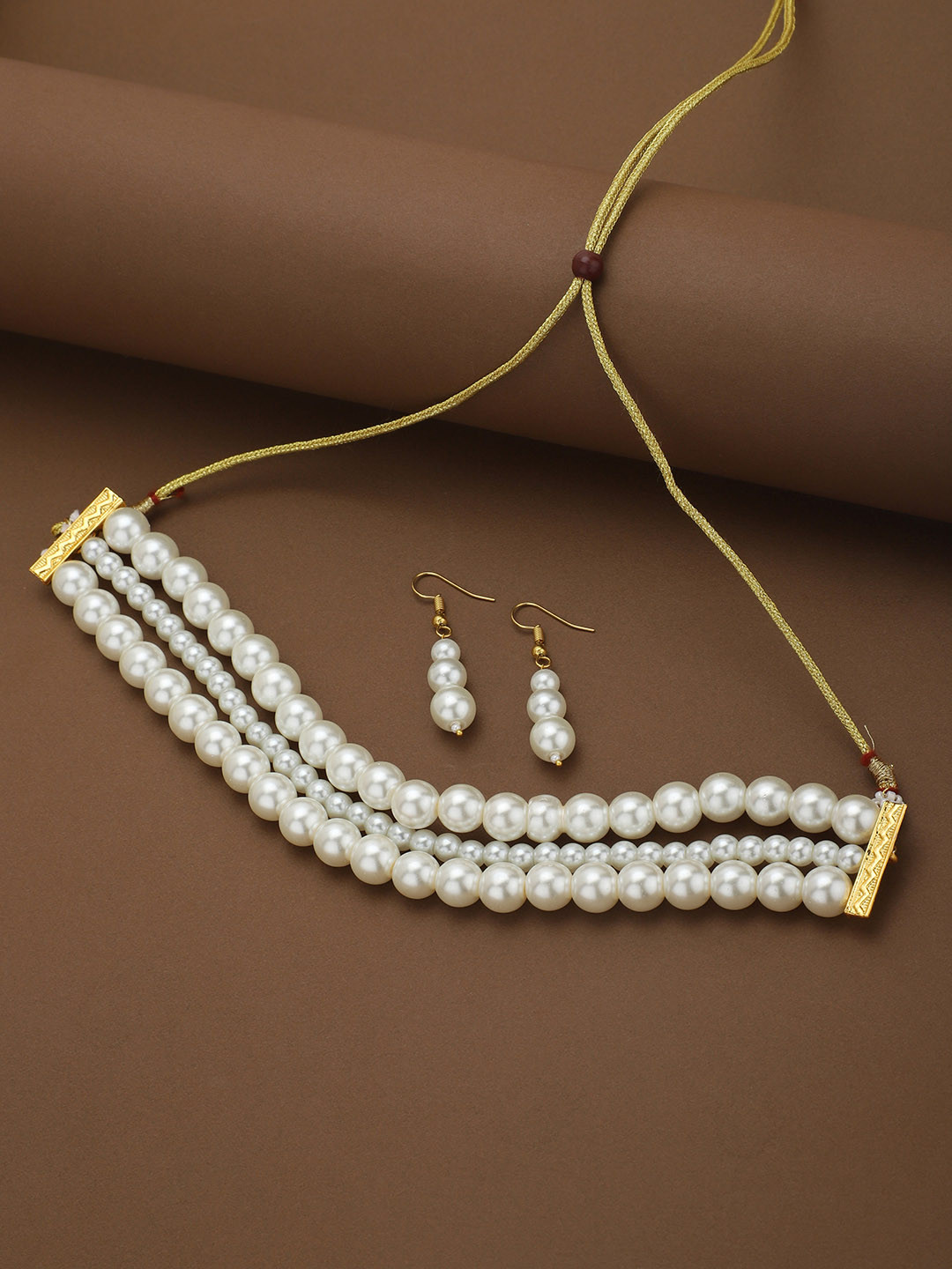 DressBerry Gold Plated Pearls 3 Layered Choker Necklace with Earring Set