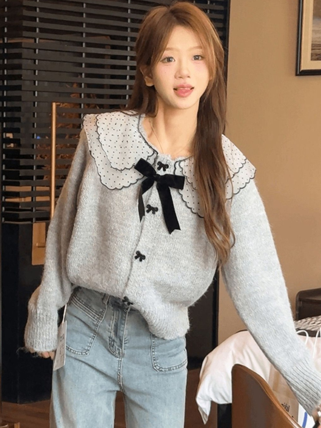 KPOP Polka Dot Peter Pan Collar Victorian Top