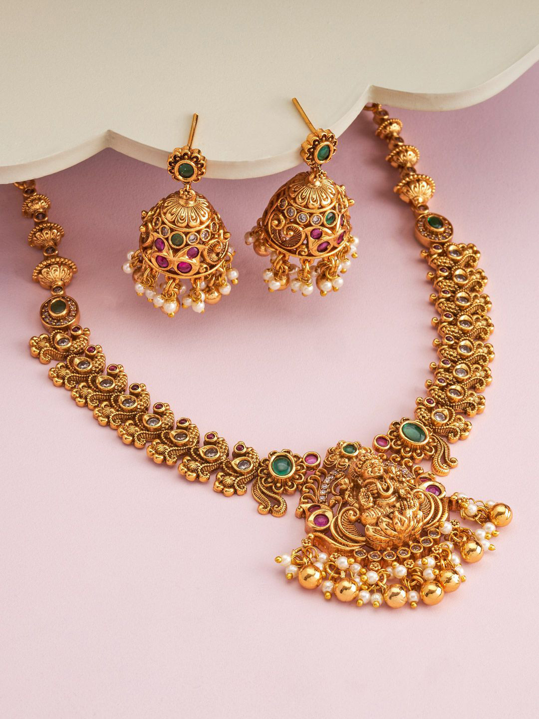 Kushal's Fashion Jewellery Gold-Plated Antique Necklace & Earrings Jewellery Set