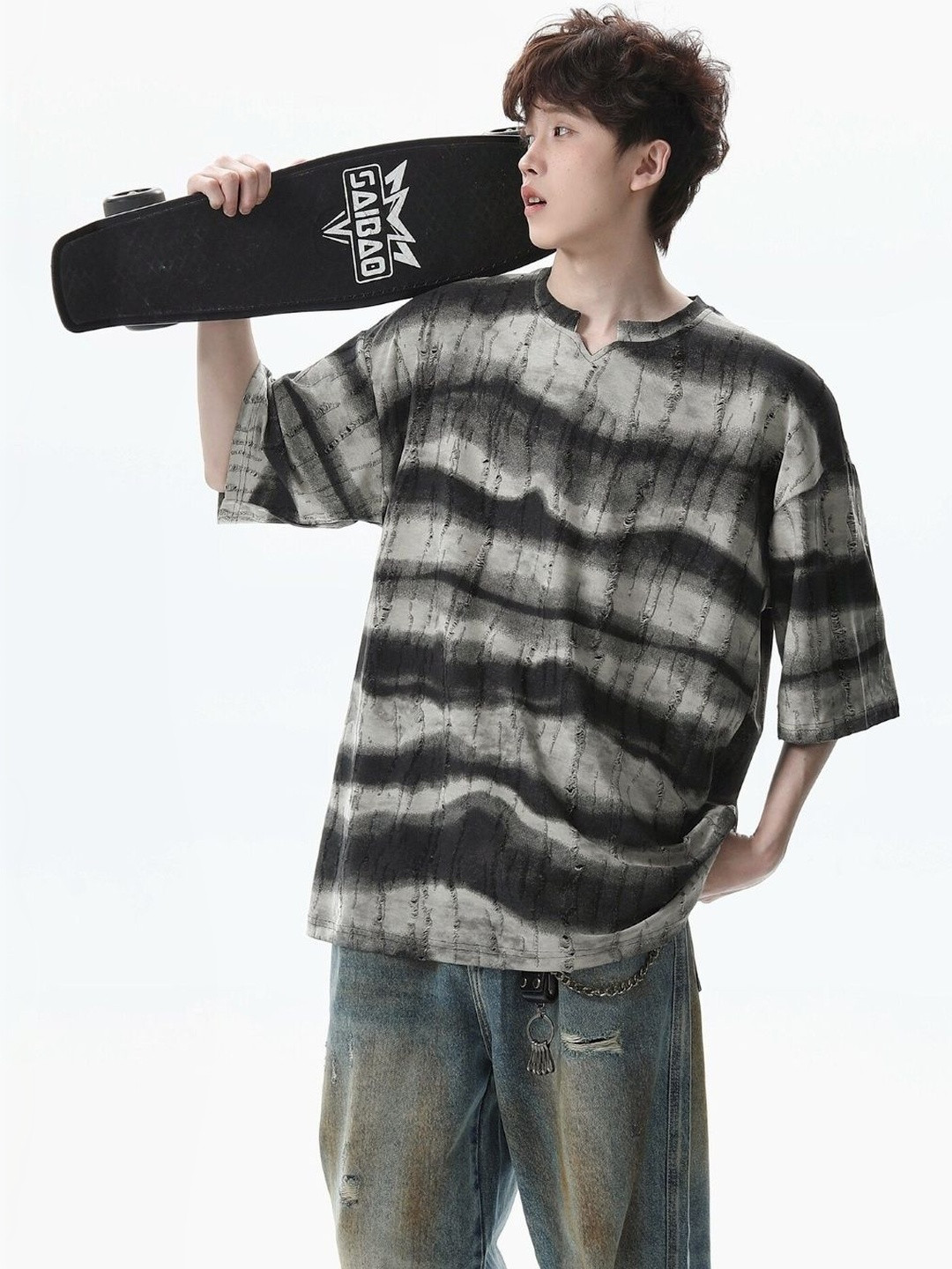 KPOP Men Tie and Dye Dyed V-Neck Drop-Shoulder Sleeves T-shirt