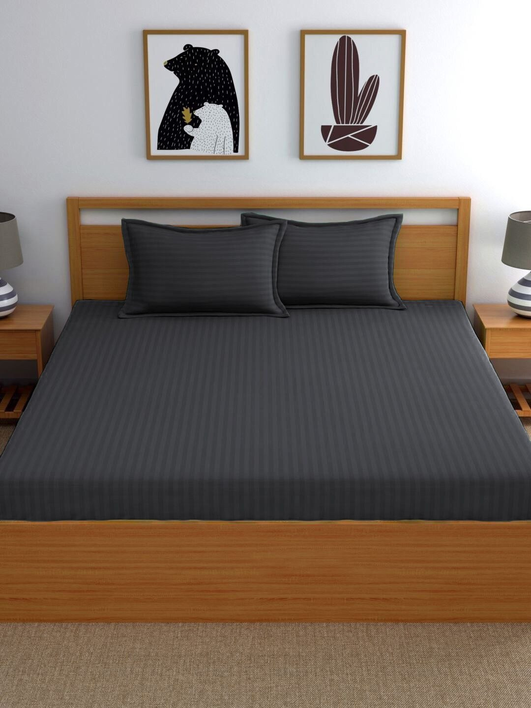 WEAVE AND DECOR Charcoal Striped 300 TC Queen Bedsheet with 2 Pillow Covers