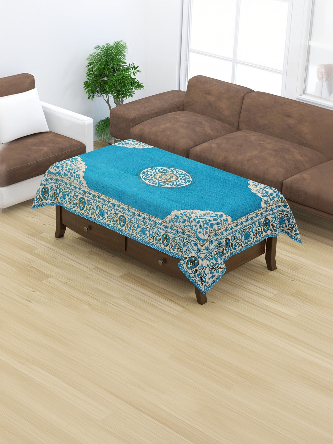 Furnishing Hut Turquoise Blue Floral Velvet 4-Seater Table Cover