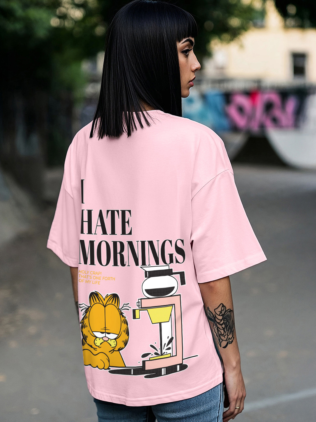 Bewakoof Official Garfield Merchandise Women I Hate Mornings Print Oversized T-shirt