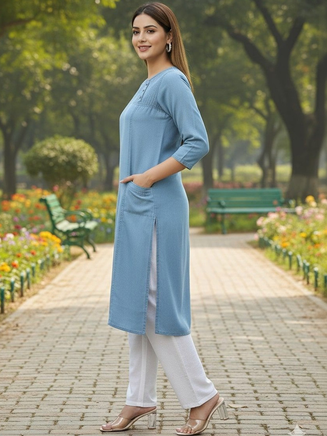 SK Creation Women Denim Thread Work Straight Kurta with Pockets