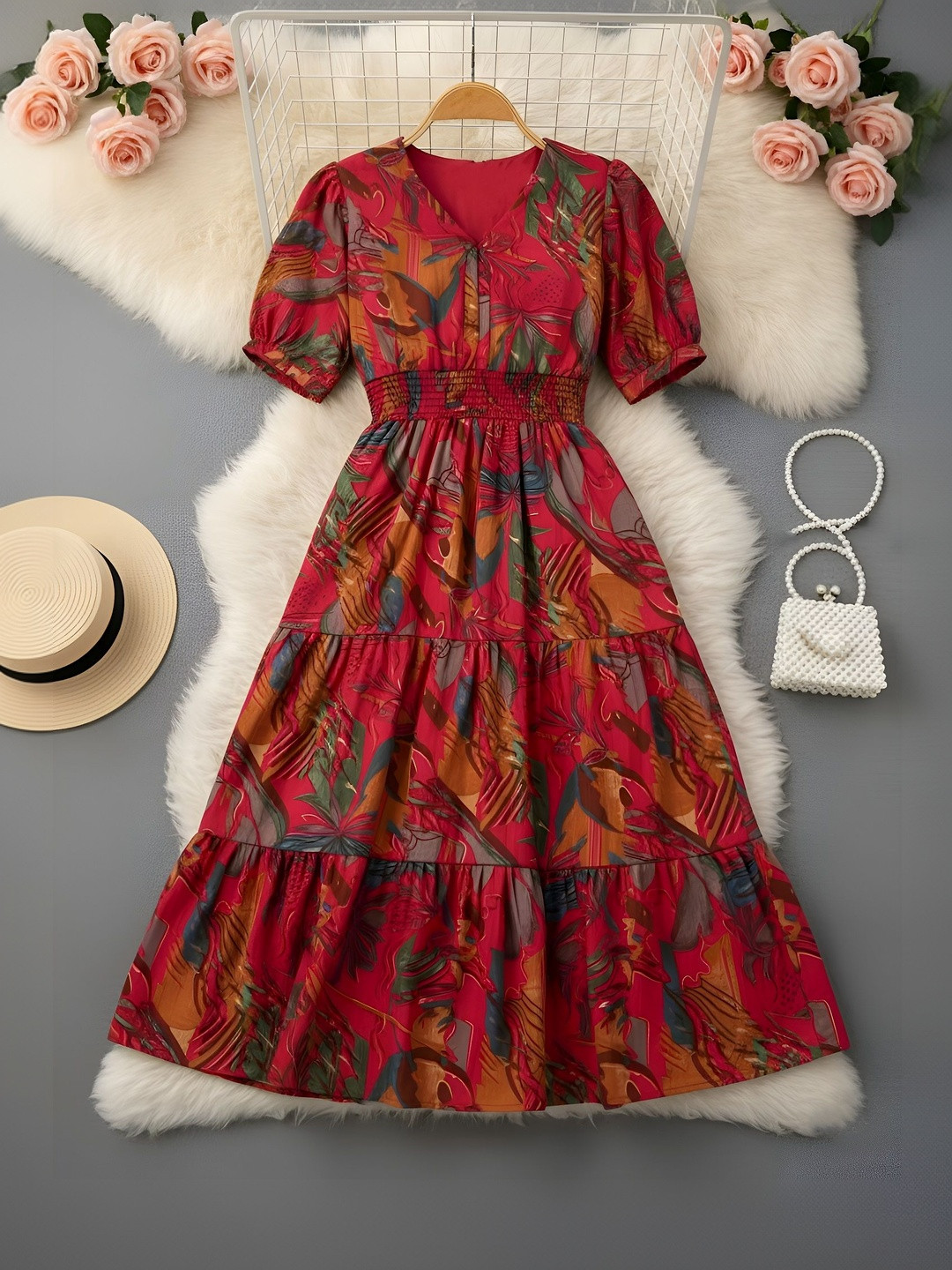 PTVIZE Abstract Print Puff Sleeve Crepe Fit & Flare Midi Dress