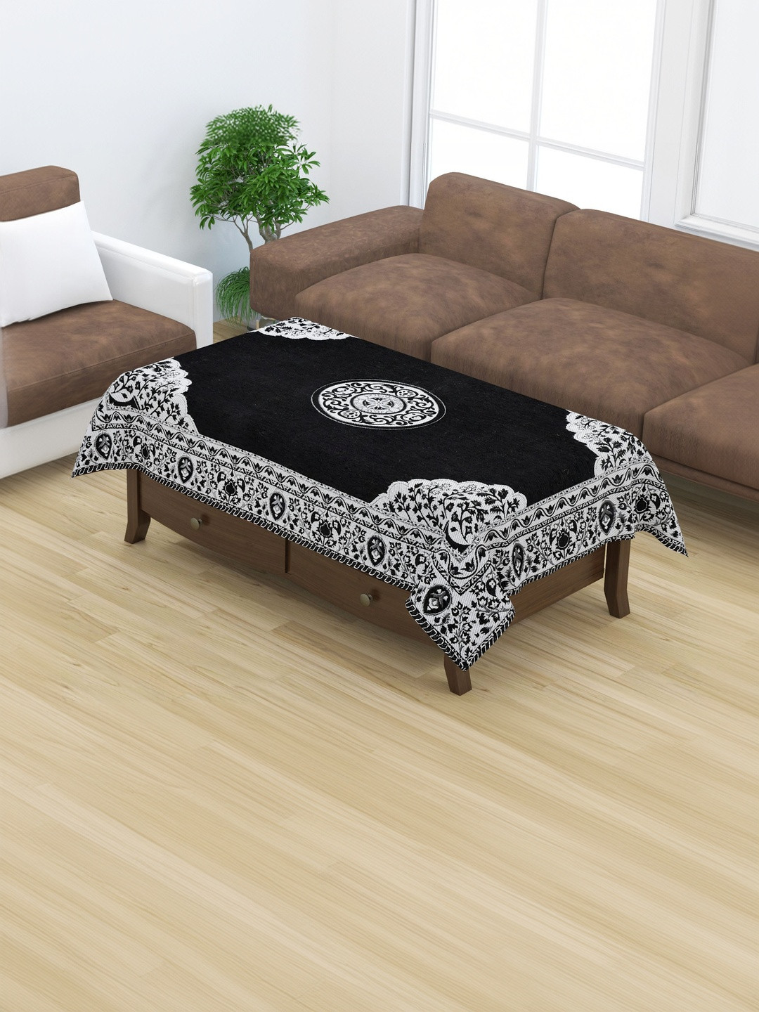 Furnishing Hut Black Floral 4-Seater Velvet Center Table Cover 36X54 Inches