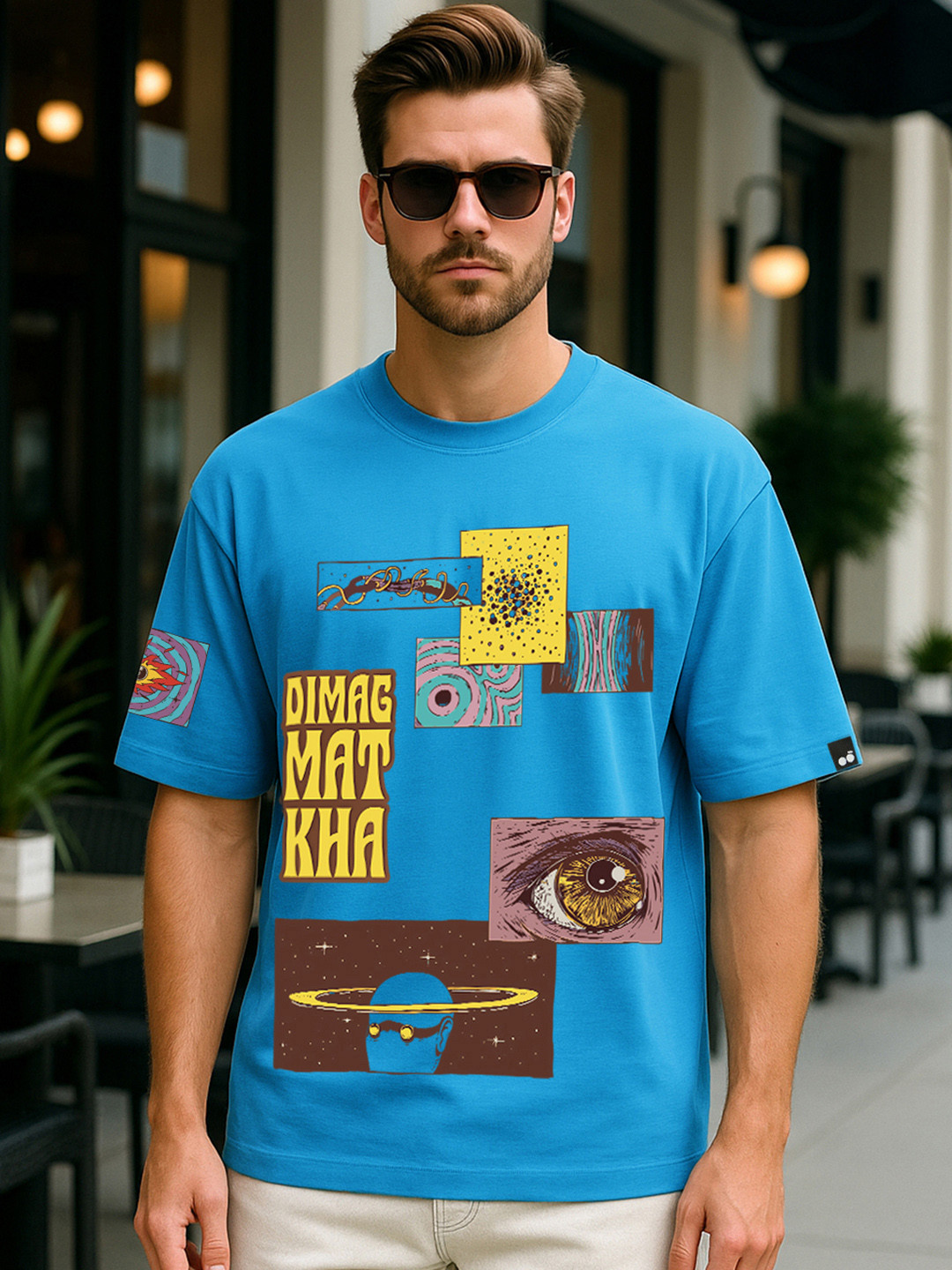 Bewakoof Men Blue Dimag Mat Kha Graphic Printed Oversized T-shirt