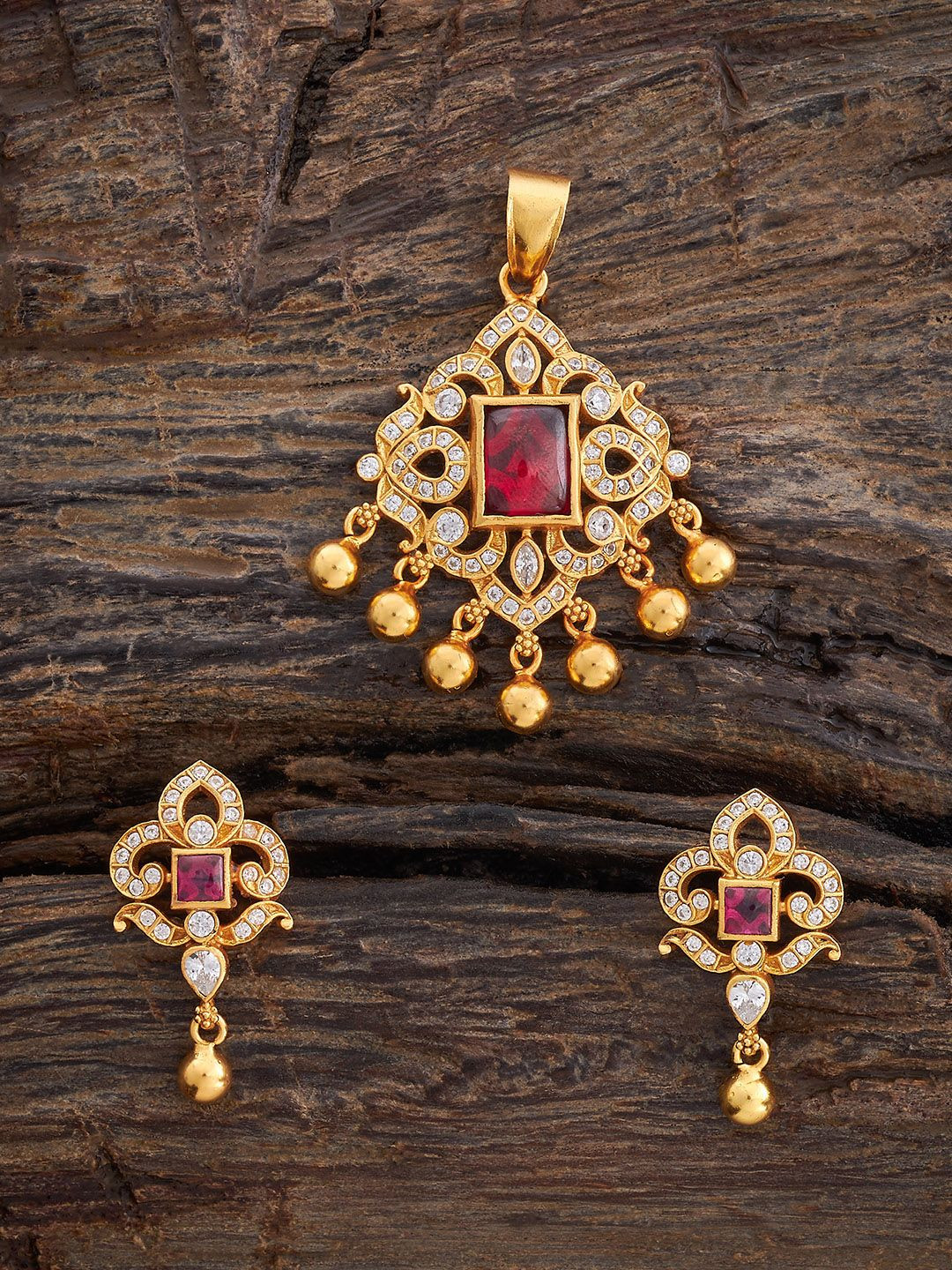 Kushal's Fashion Jewellery Ruby Gold-Plated Ethnic 92.5 Pure Silver Temple Pendant Set