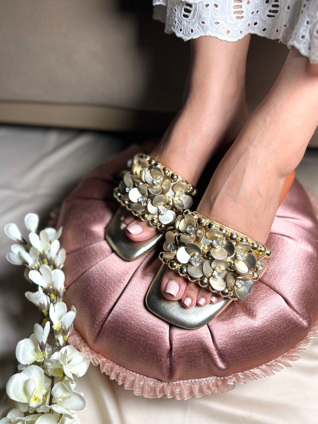 SANDAL STORIES Women Metallic Flower Embellished Open Toe Flats