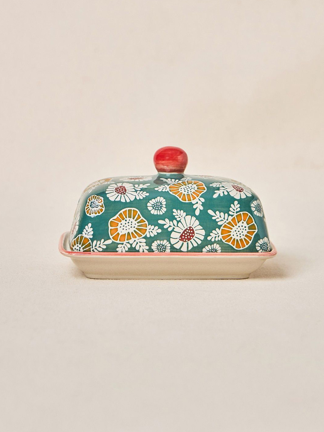 Chumbak Lost in Paradise Green Ceramic Wildflower Butter Dish