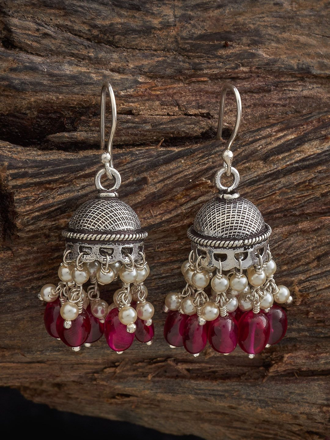 Kushal's Fashion Jewellery 92.5 Sterling Silver Plated Ruby Dome Shaped Jhumkas Earrings