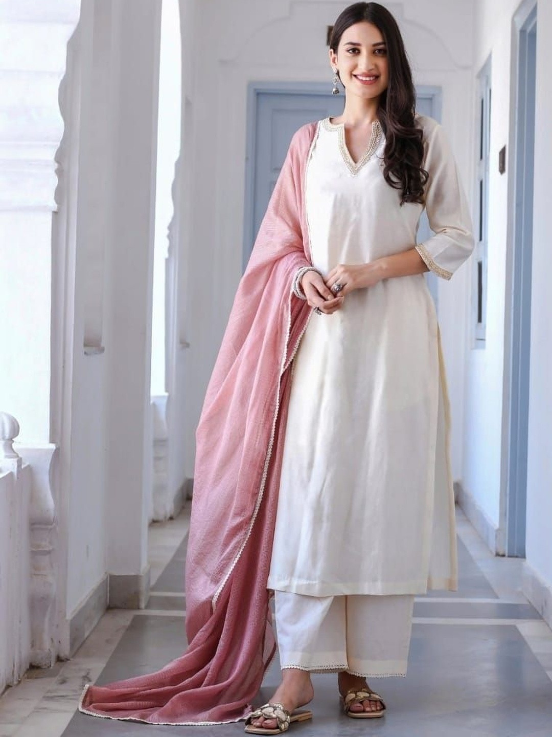 Women Basket V-Neck Kurta with Trousers & With Dupatta