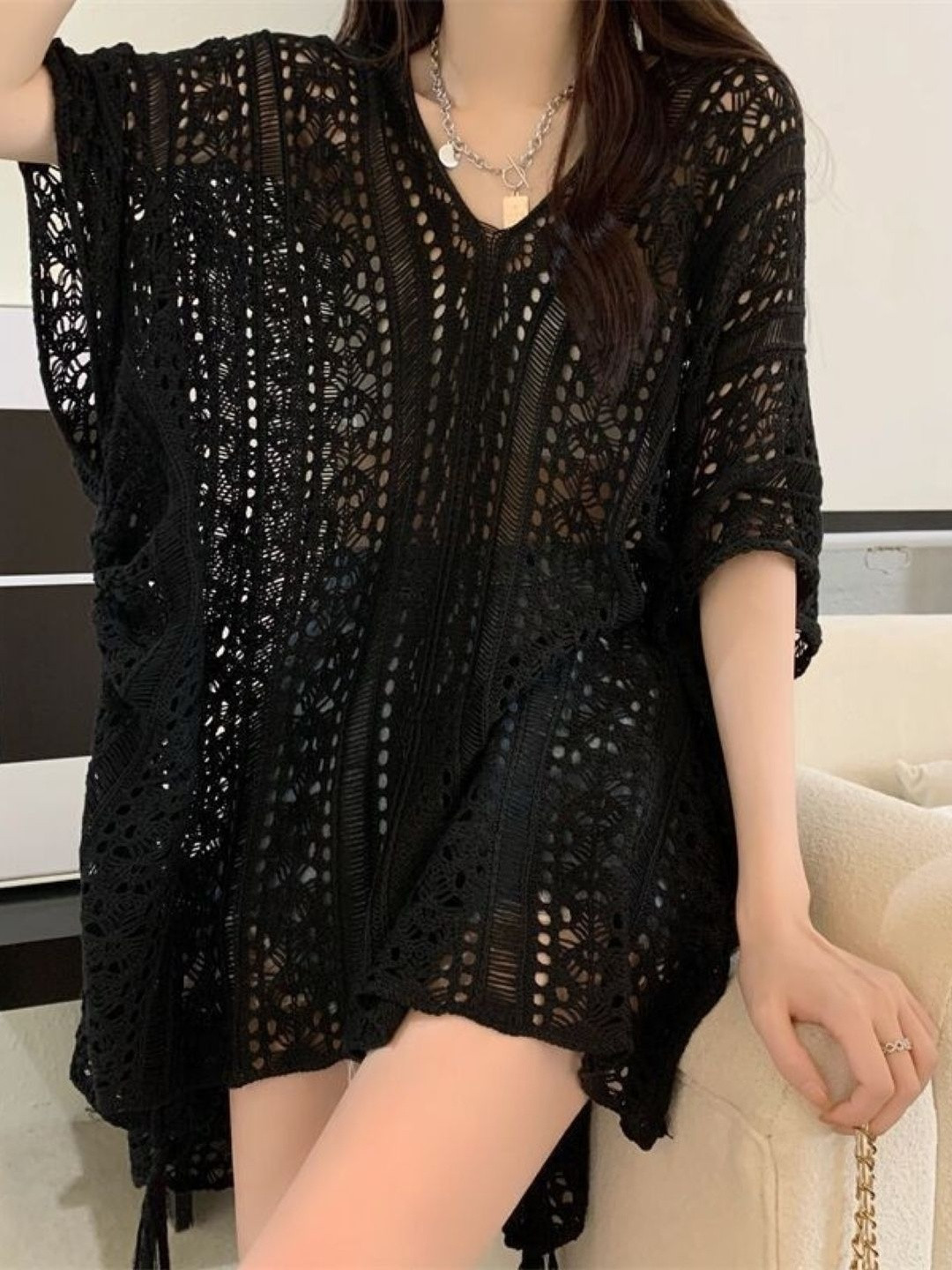 KPOP Batwing Sleeve Sheer Kaftan Longline Top