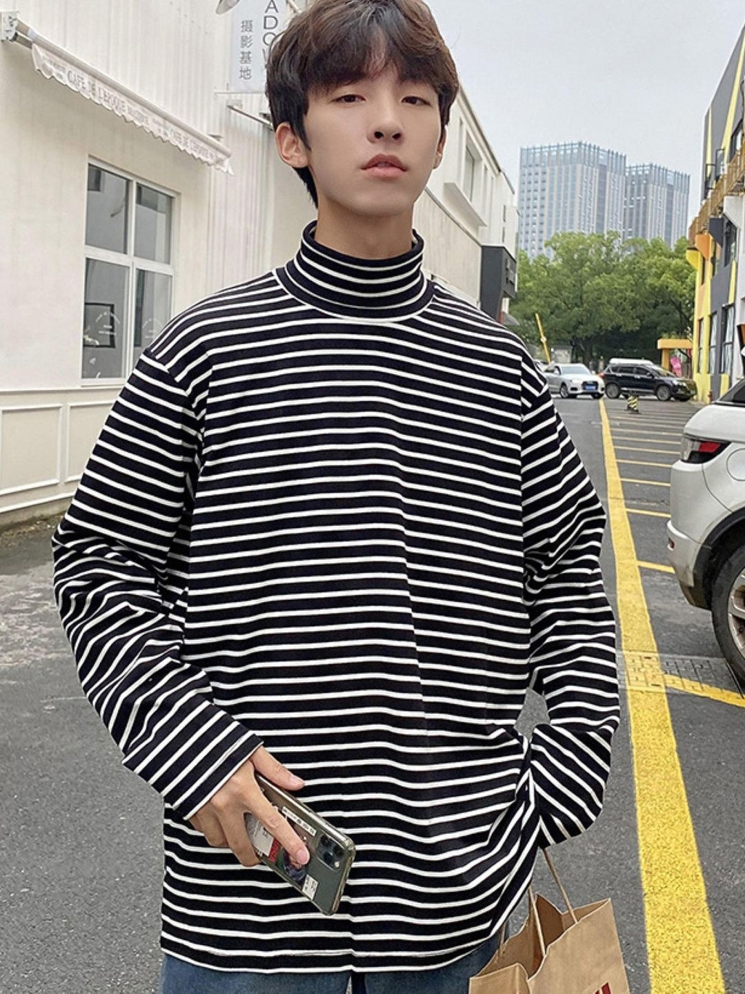 KPOP Men Striped Turtle Neck T-shirt