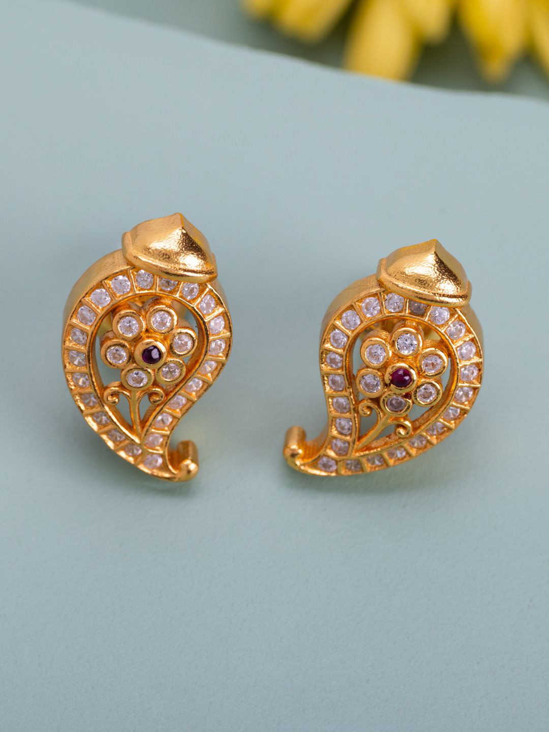 Kushal's Fashion Jewellery Gold-Plated Paisley Shaped Ruby Temple Studs Earrings