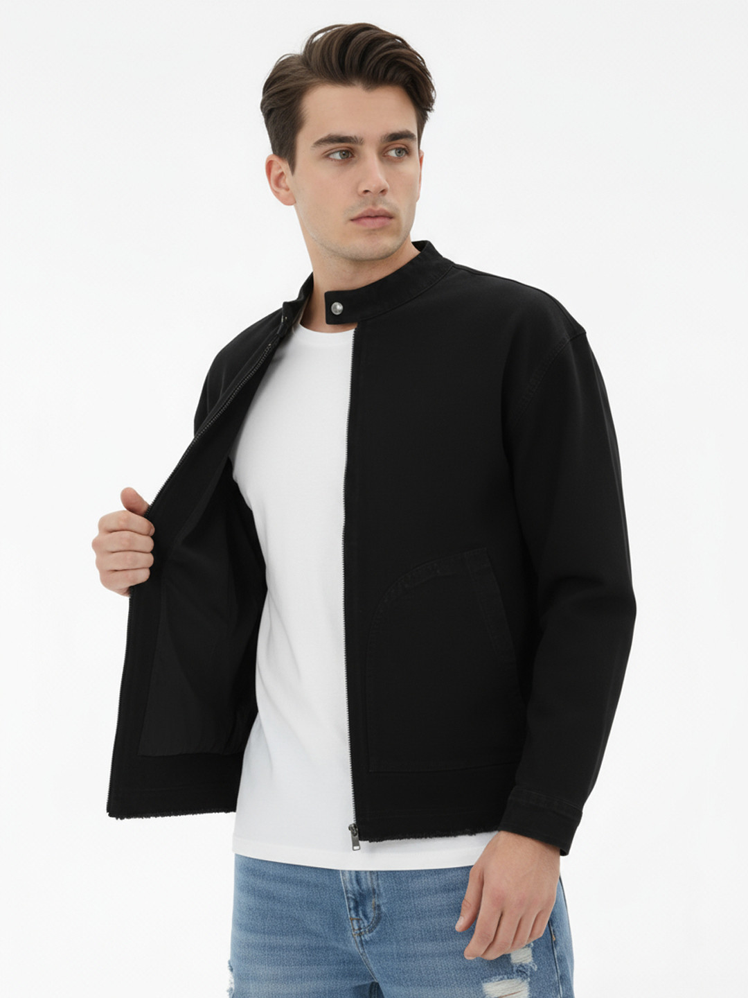 glitchez Mock Collar Drop-Shoulder Sleeves Relaxed Fit Denim Jacket with Frayed Hem