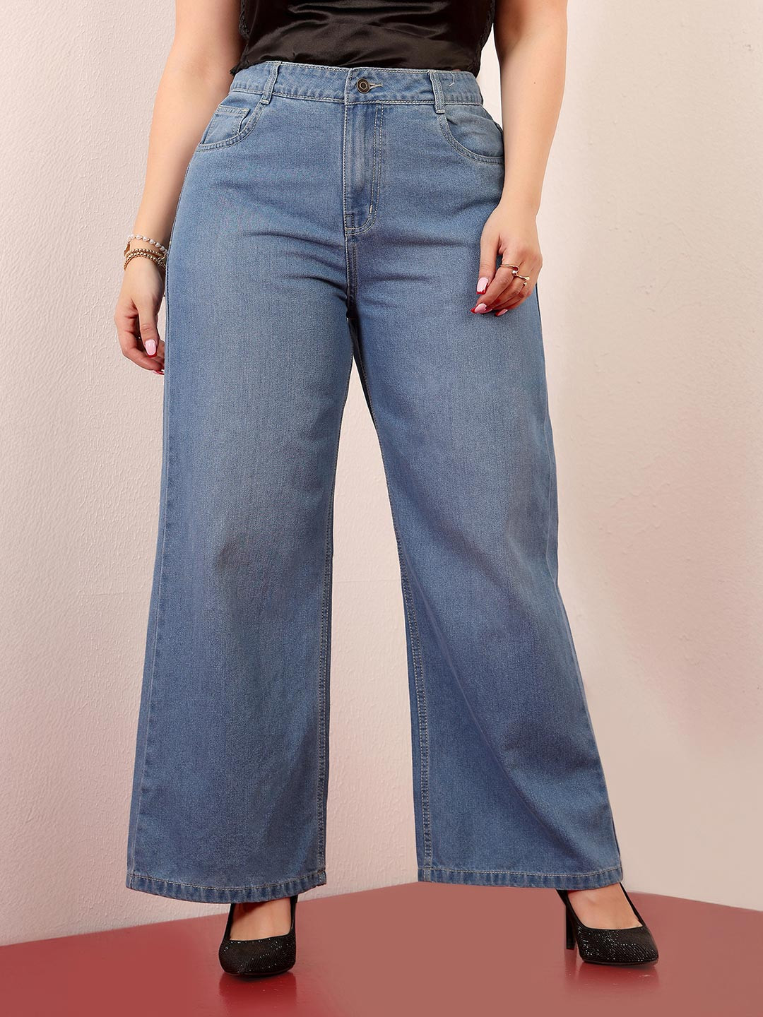 Miss Chase A+ Women Plus Size Wide-Leg High-Rise Clean-Look Regular Non-stretchable Denim Jeans