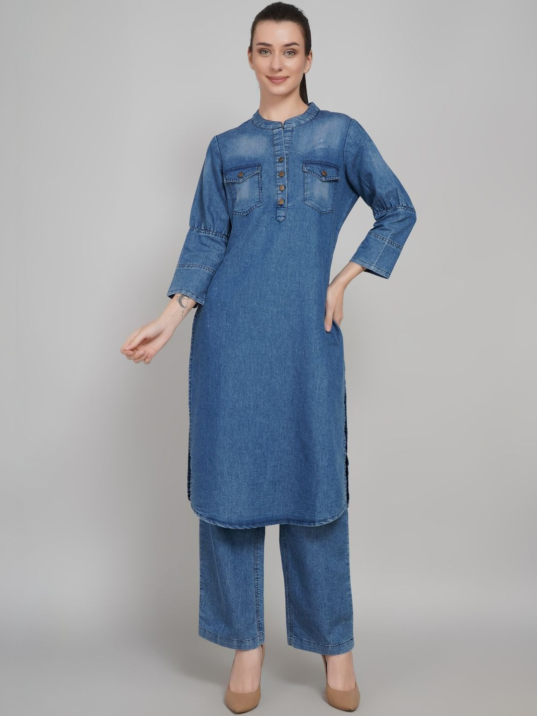 VG5 Mandarin Collar Denim Tunic & Trousers Co-Ords