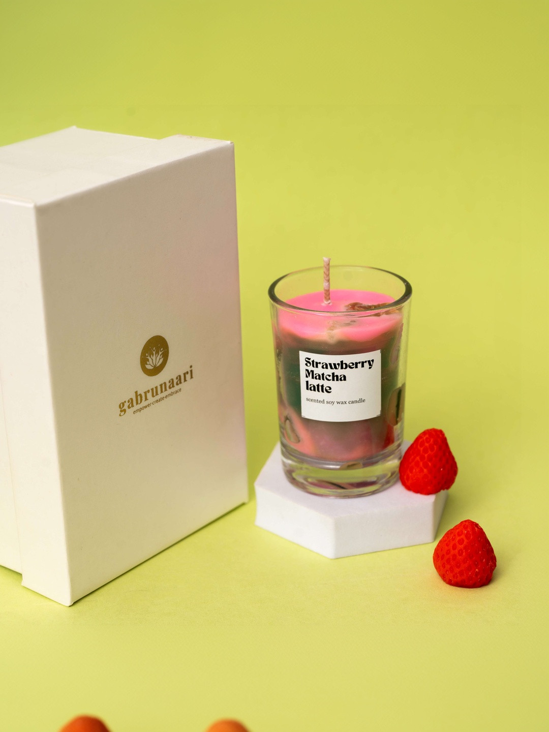 gabrunaari Pink & Green Solid Strawberry Matcha Latte Scented Jar Candle