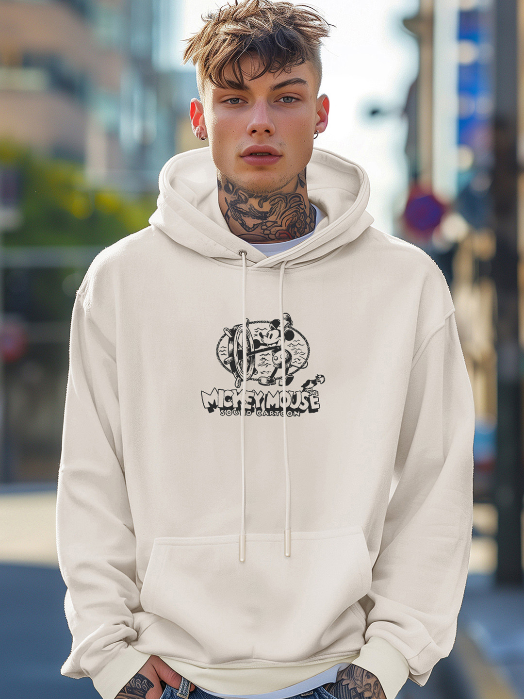 Bewakoof Men Official Disney Merchandise Gardenia Steamboat Printed Oversized Hoodies