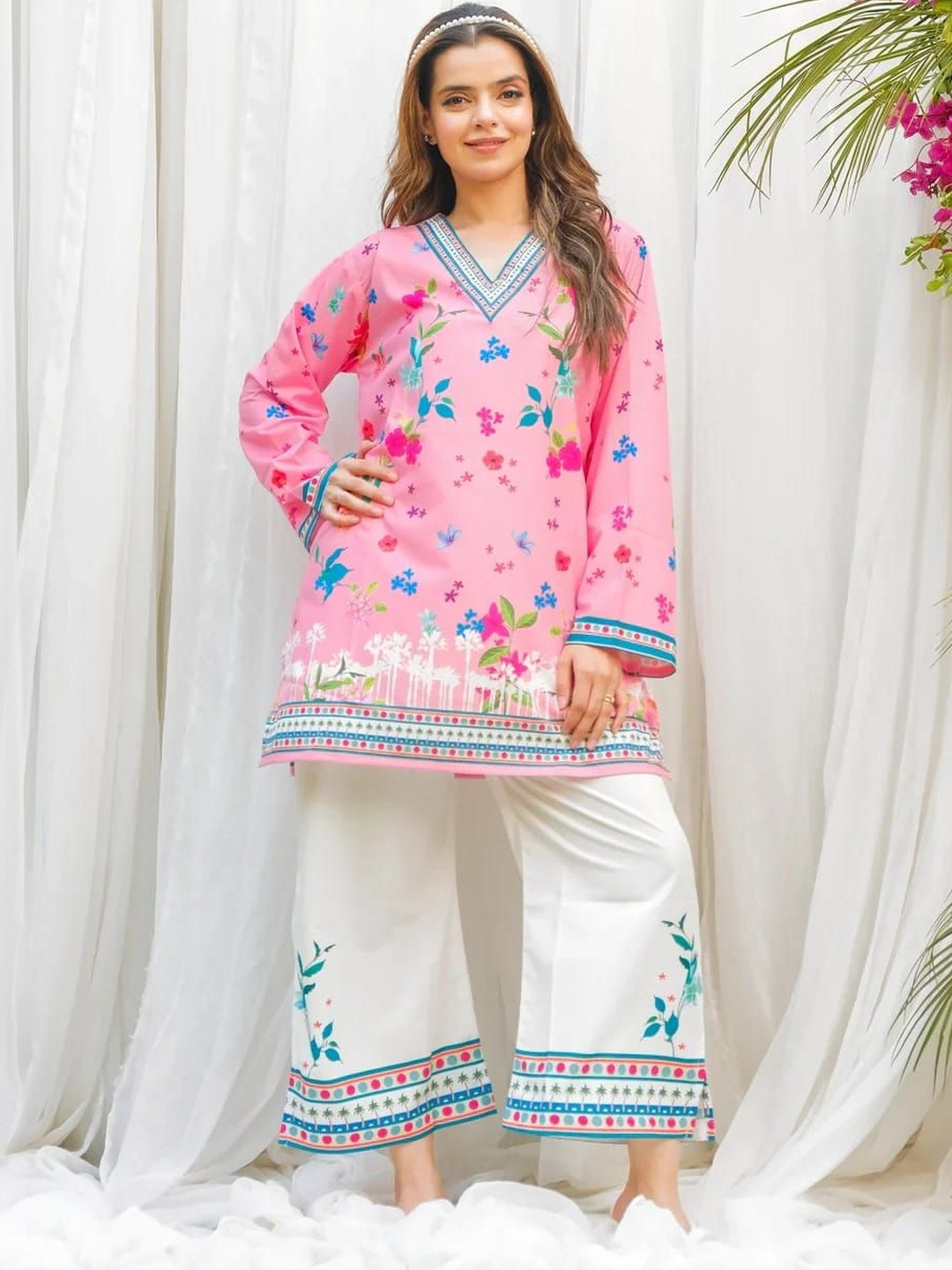 Previah Printed V-Neck Tunic & Trousers Co-Ords