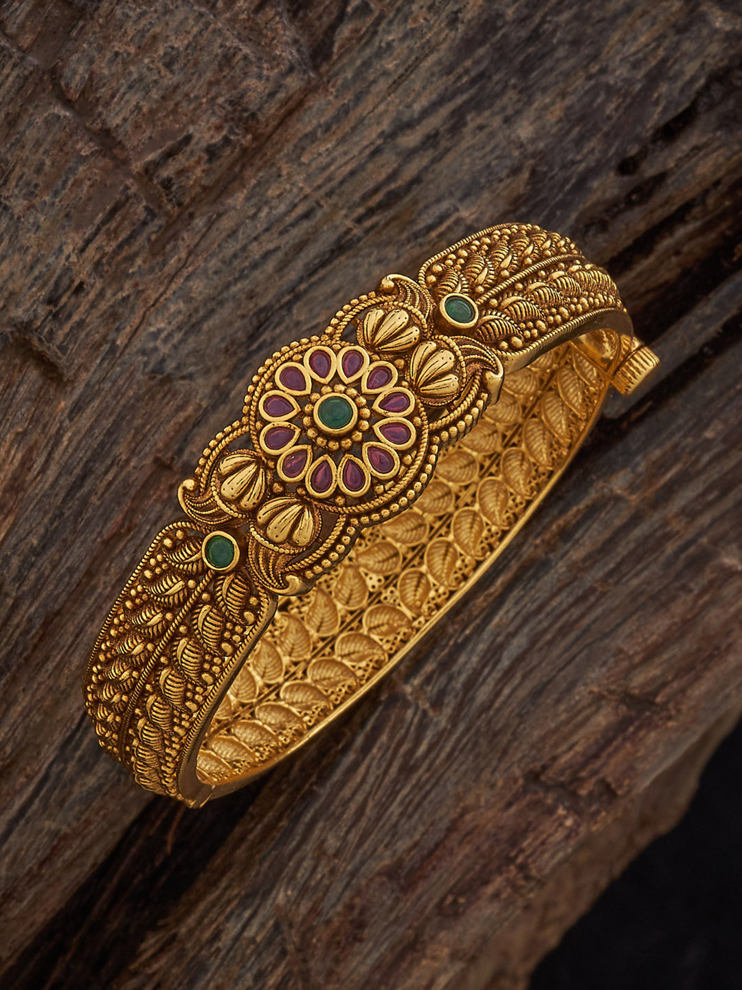 Kushal's Fashion Jewellery 92.5 Pure Silver Gold-Plated Ruby Studded Ethnic Temple Kada