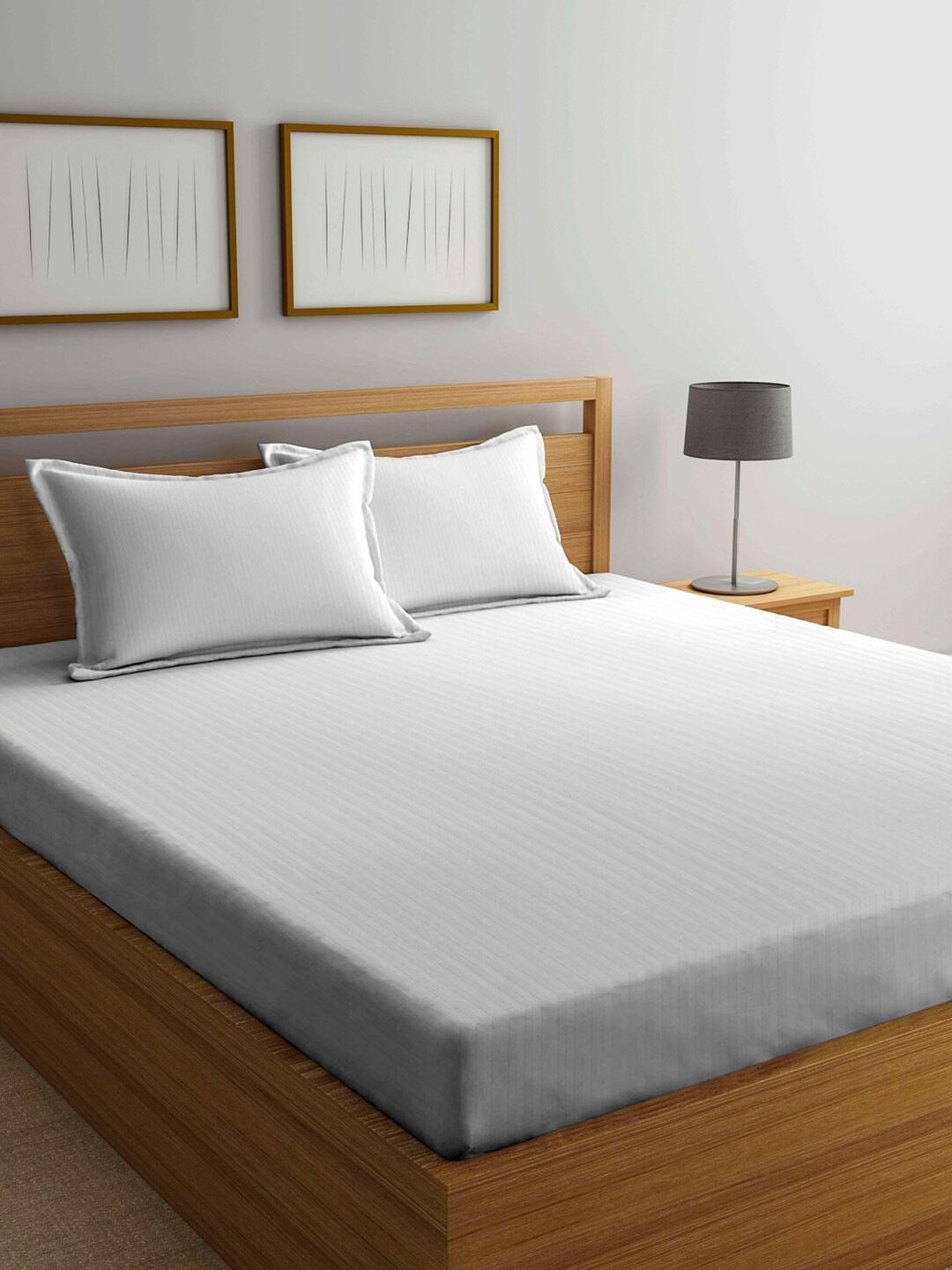 WEAVE AND DECOR White Striped 300 TC Bedsheet with 2 Pillow Covers