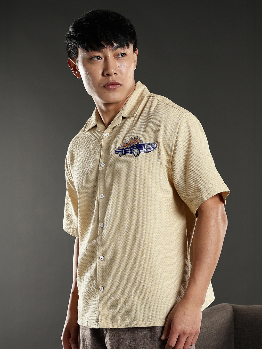 Eszett Fire Car Boxy Fit Cuban Collar Cotton Shirt