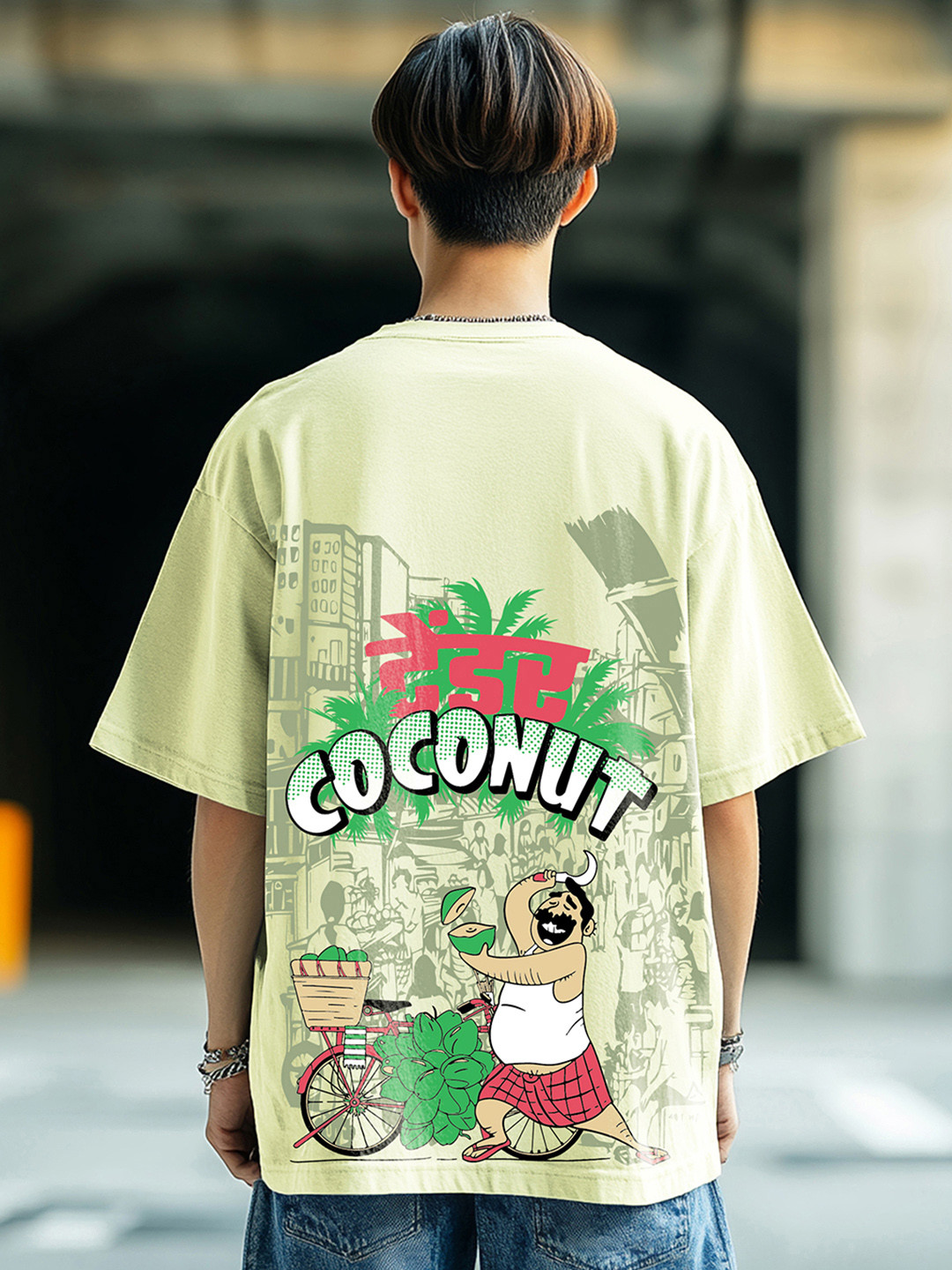 Bewakoof Men's Fog Green Coconut Graphic Printed Oversized T-shirt
