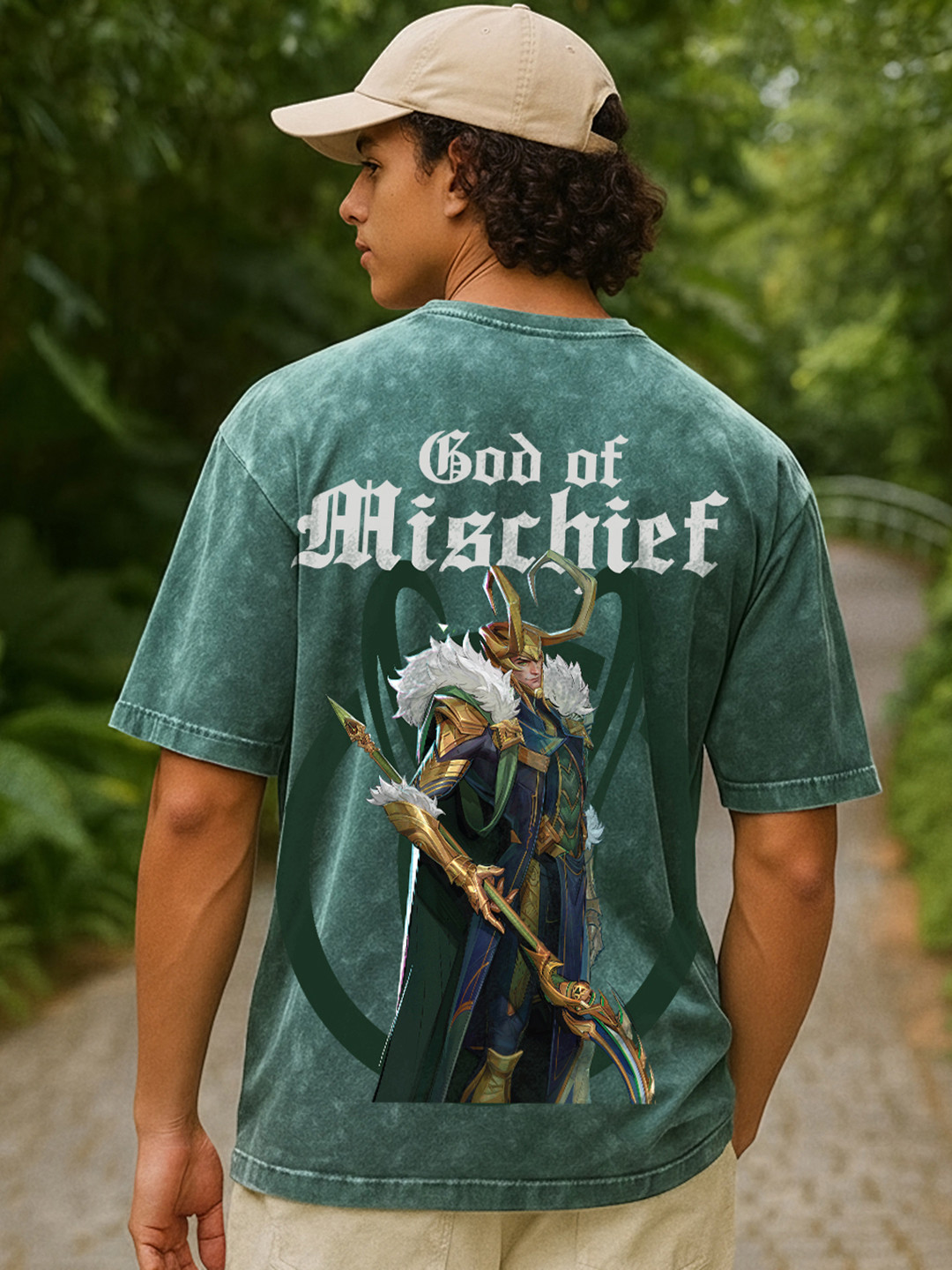 Bewakoof Men LOKI Typography Printed Round Neck Cotton Oversized Acid Wash T-shirt