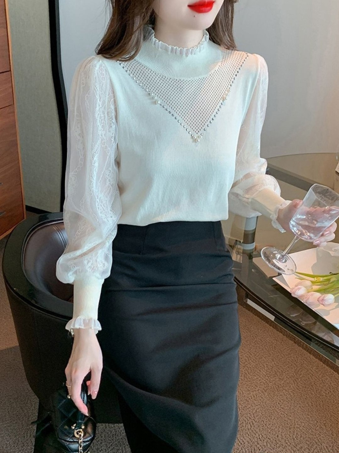 KPOP Embellished Puff Sleeve Ruffles Top