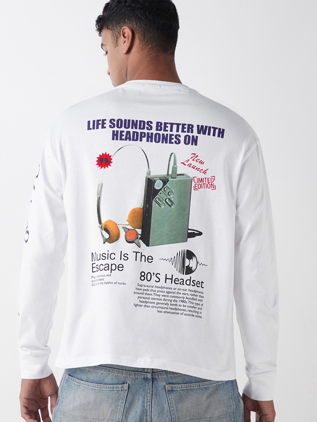 Bewakoof Men's White Headphone Graphic Printed Oversized T-Shirt