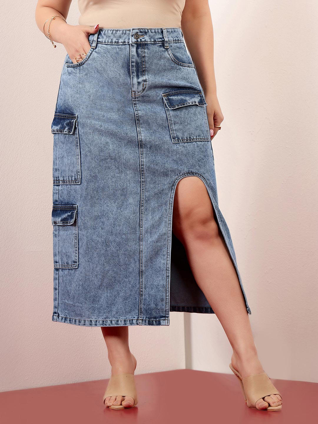 Miss Chase A+ Women's Plus Size Straight-Fit High-Rise Clean-Look Denim Midi Skirt