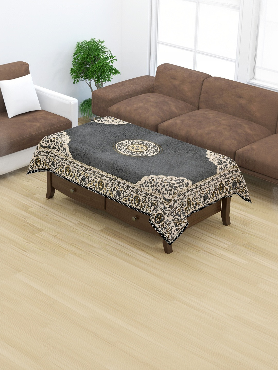 Furnishing Hut Grey Floral Premium Velvet 4 Seater Center Table Cloth Cover