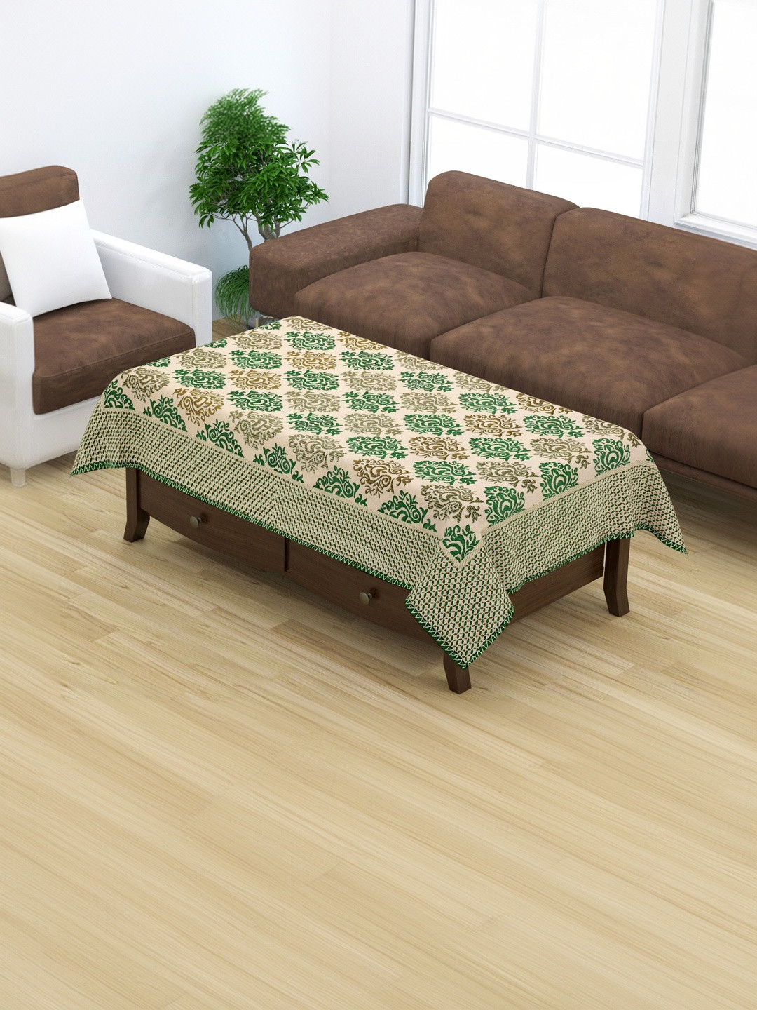 Furnishing Hut Green Floral Velvet 4 Seater Center Table Cloth Cover