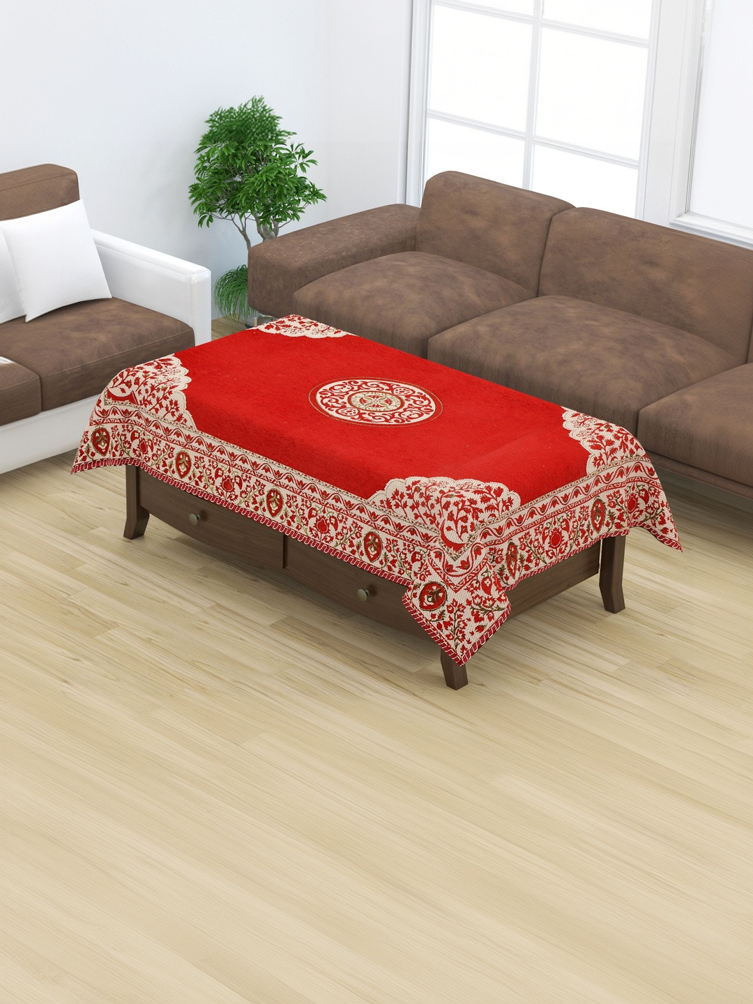 Furnishing Hut Red Floral Premium Velvet 4 Seater Center Table Cloth Cover