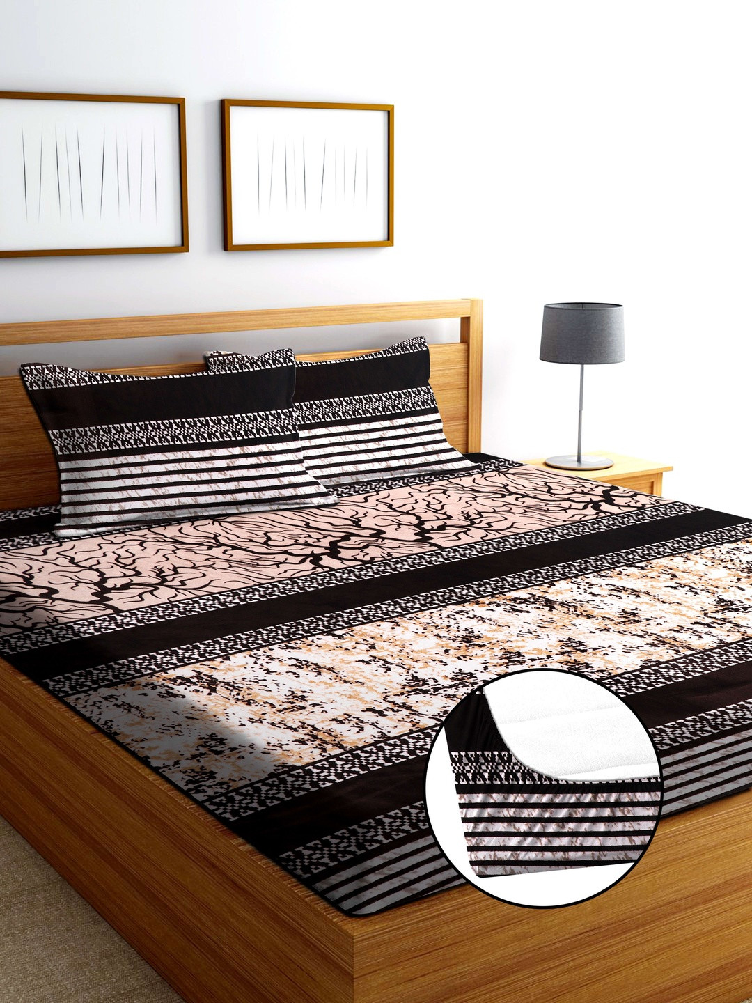 SHOMES Brown & Cream-Coloured 220 TC King Bedsheet with 2 Pillow Covers