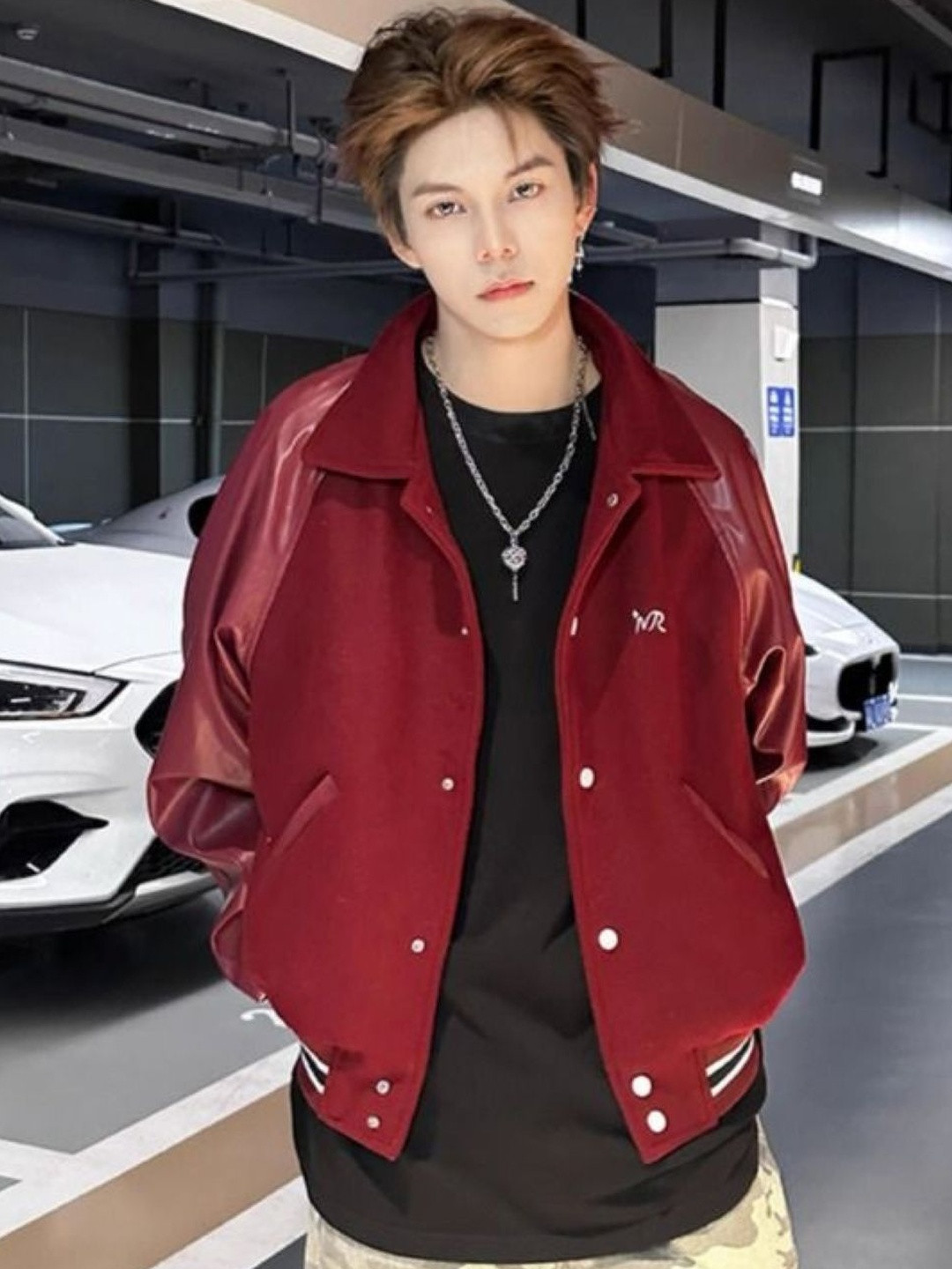 KPOP Men Brand Logo Colourblocked Varsity Jacket with Embroidered