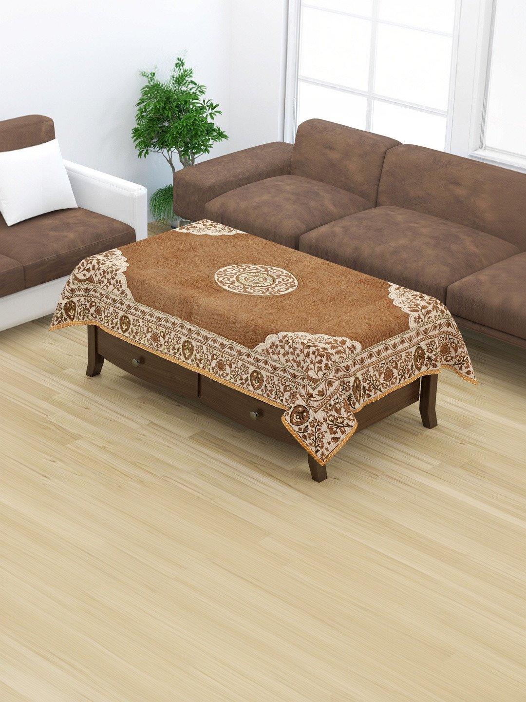 Furnishing Hut Beige Floral Velvet 4-Seater Table Cover